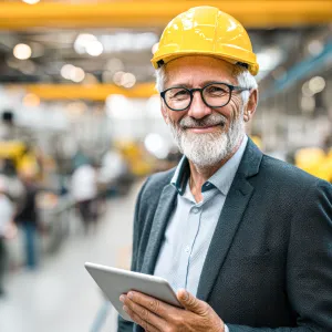 A man is holding a tablet in his hand while standing in a factory.