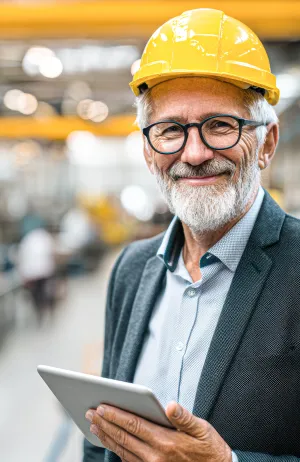 A man is holding a tablet in his hand while standing in a factory.